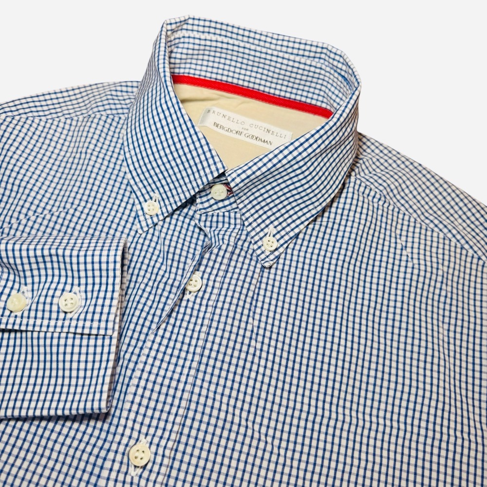 Brunello Cucinelli Bergdorf Goodman Mens Large Blue Check Button Down Shirt